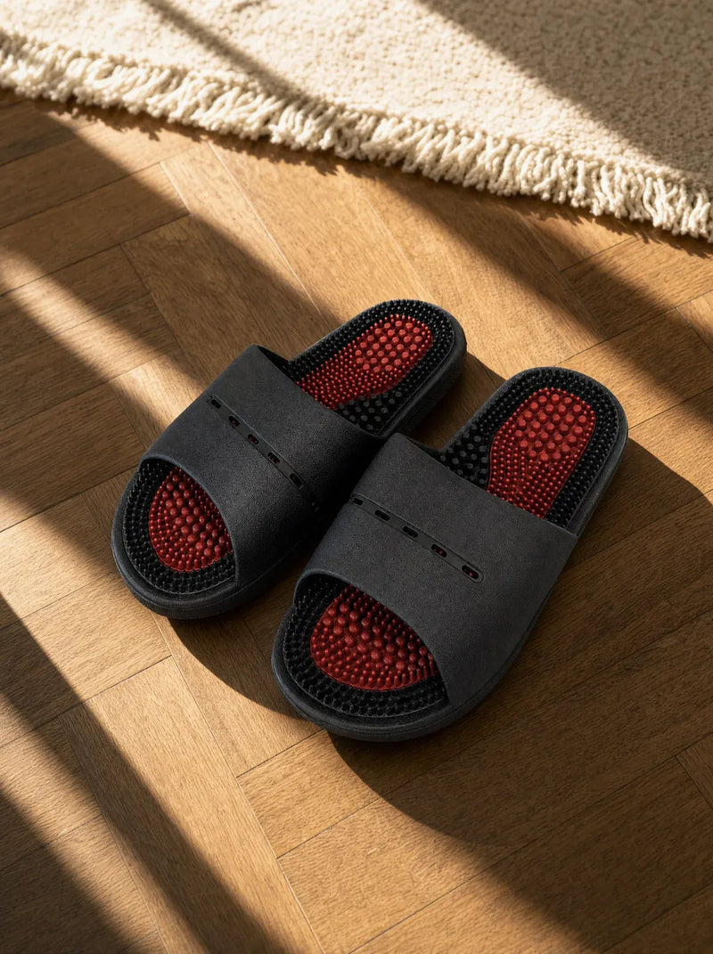 Ashfire — Meridian men's reflexology slides in black with a red footbed, on a warm oak floor beside a linen rug