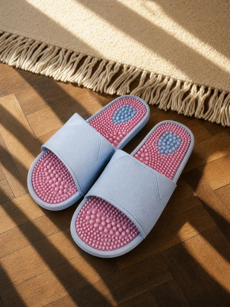 Crestfall — Zenith women's reflexology slides in periwinkle blue with a pink footbed, on a warm oak floor beside a linen rug